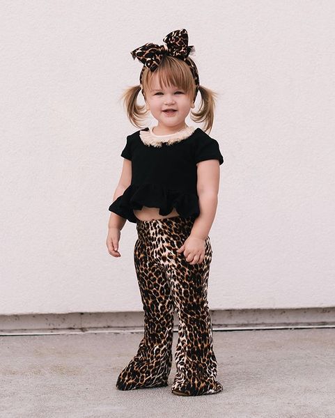 

0-3y kids clothes sets summer girls ruffles short sleeve t shirts kid black +leopard flare pants+headband, White