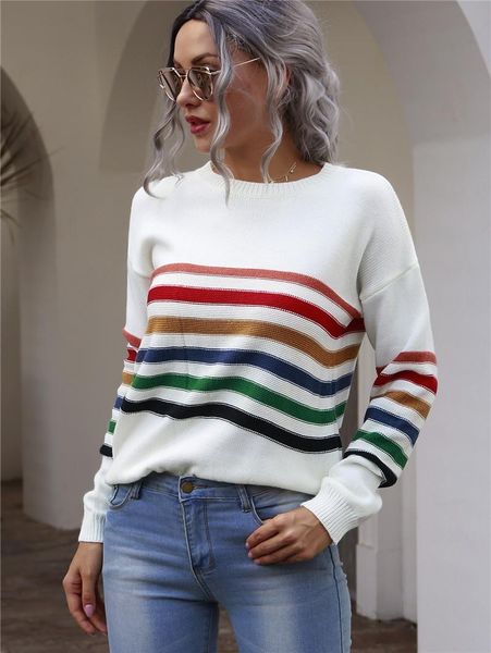 

women knitted sweater autumn striped printed sweater fashion casual long sleeve color block knitwear loose jumper pullover top, White;black