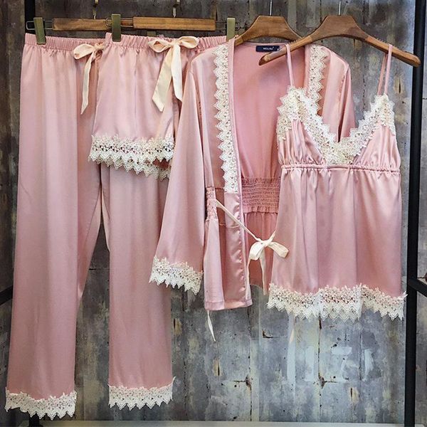 

women's tracksuits lace satin pajamas four piece set ice silk household clothes thin spring, Gray