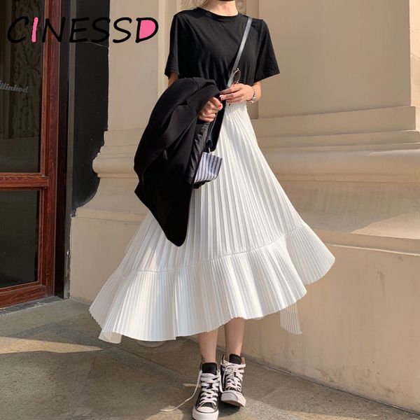 

2021 korean irregular sweet pleated chiffon skirt women autumn winter faldas largas elegantes black high waist skirts 8bd6