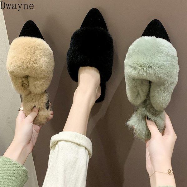 

slippers 2021 fashion fur pointed tip wild toe cap flat bottom hair children, Black