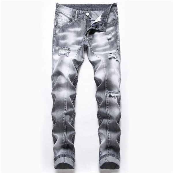 

men's jeans 2021 washed wild ripped cool stitching gray straight, Blue