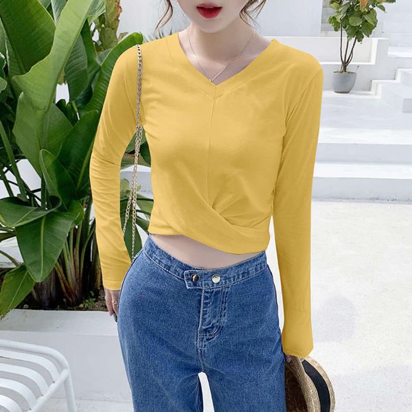 

super short women's navel exposed long sleeve bottom shirt with tight high waisted turmeric t-shirt, v-neck, versatile in spring and, White