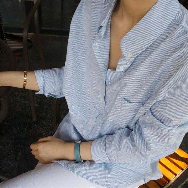 

strip full shirts loose slim casual all match bottom women blouses 210615, White