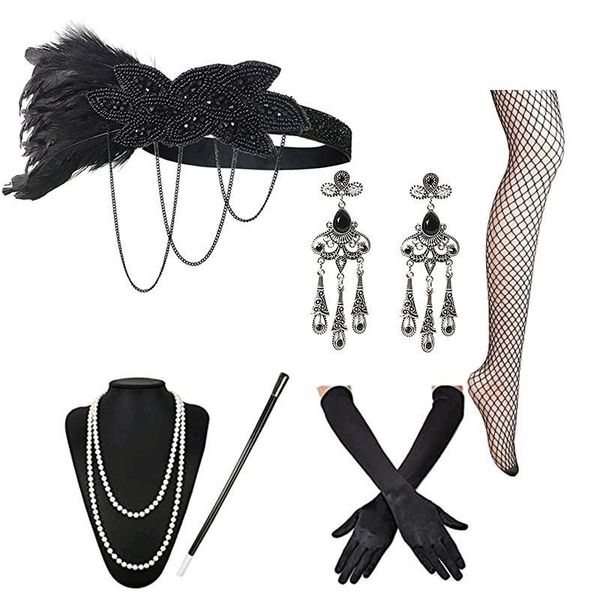 

hair accessories 1920s hemming headband great gatsby headgear bridal wedding rhinestone stretch set pearl necklace cig