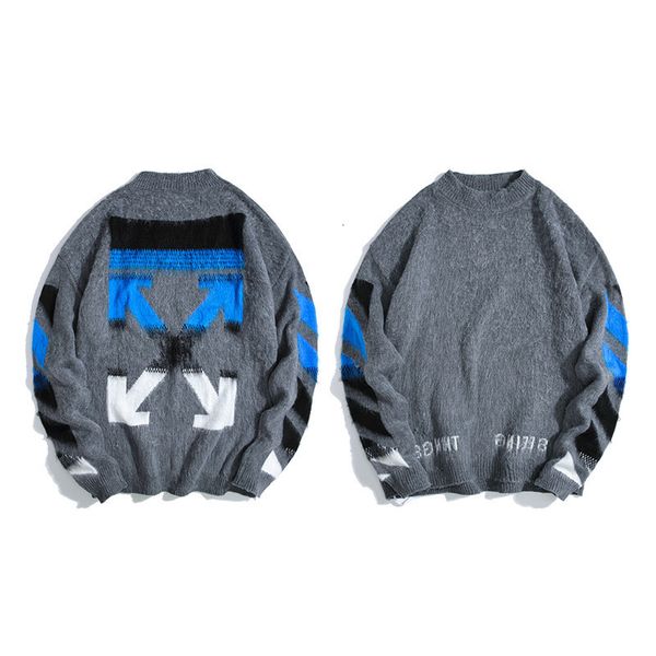 

off-w black blue gradual change mohair deep knitted sweater, White;black