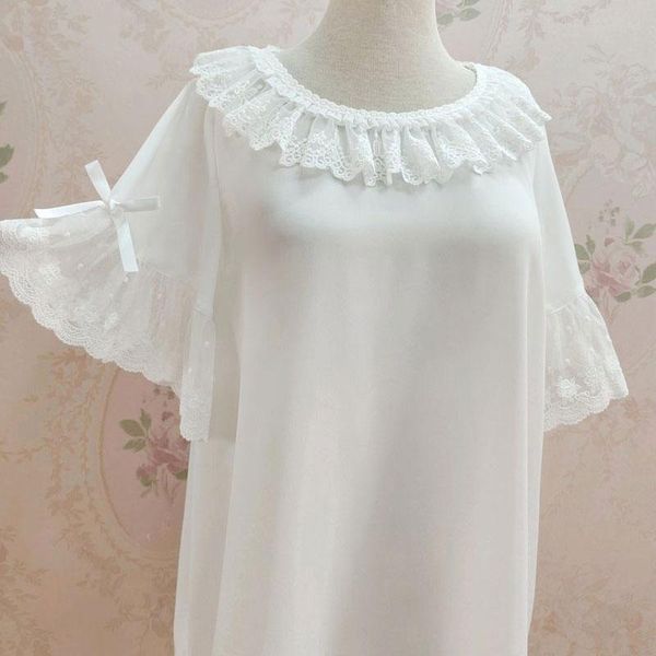 

women's blouses & shirts lovely ruffled chiffon round neck short sleeve blouse, White