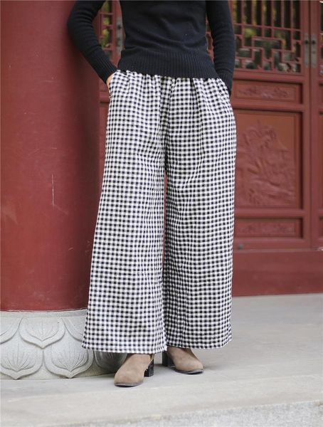 

women's pants & capris yoyikamomo women wide-legged plaid vintage cotton-padded thick trousers cotton linen straight warm, Black;white