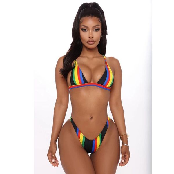 

one-piece suits brazilian bikini 2021 striped swimsuit push up bathing suit ladies beach biquini women rainbow swimwear bikinis set