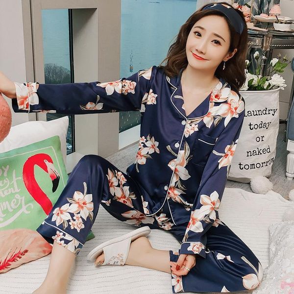 

women satin silk pajamas sets spring autumn faux silk flower print sleepwear long sleeve shirt and pant v-neck nighties, Black;red