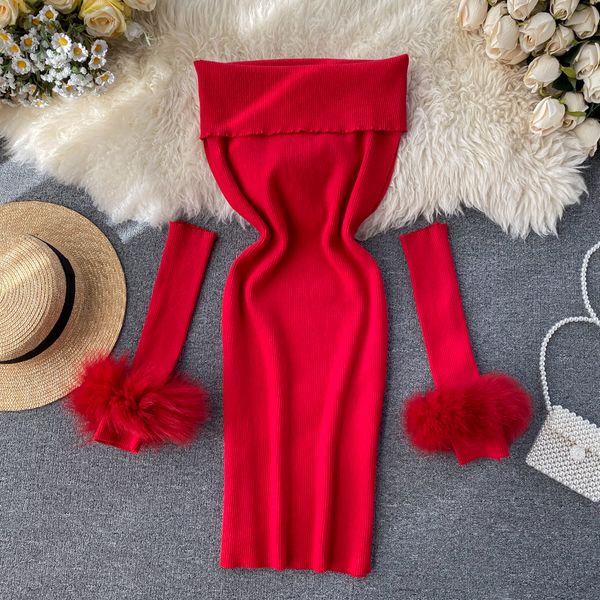 

off shoulder knitted dress women slash neck elastic slim pencil dress autumn design plush sleeves sweater dresses, Black;gray