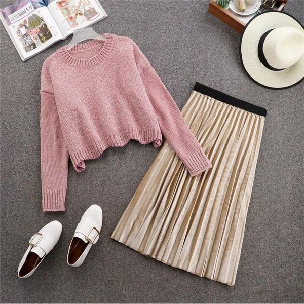 

two piece dress women 2021 autumn winter vintage sets female full sleeve o-neck loose jumper sweaters +pleated gold velvet long skirt set n2, White
