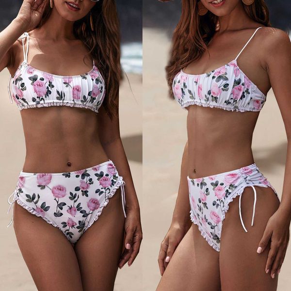

swimwear bikinis set new wrinkle women floral print lace-up summer two-piece swimsuits swimming bathing suit swim beach, White;black