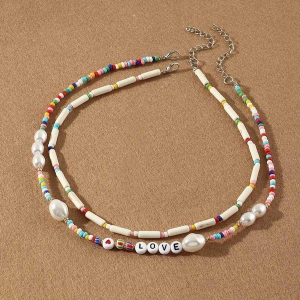 

chokers fashion letter love double necklaces womens pearl beads cylindrical stone alloy jewelry for party, Golden;silver