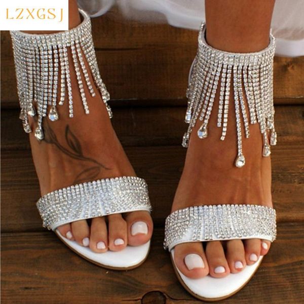 

sandals summer women women's fashion crystal tassel buckle strap thick heel sandalias high heels party shoes for 2021, Black