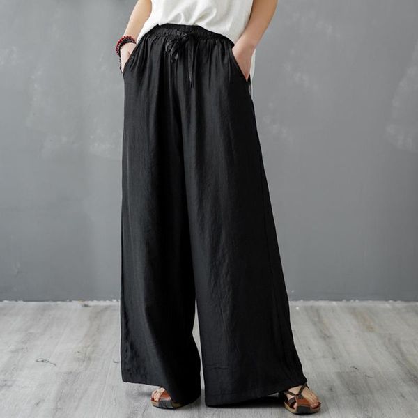 

women's pants & capris women casual wide leg elastic waist trouser 2021 summer belt soft pockets loose solid, Black;white