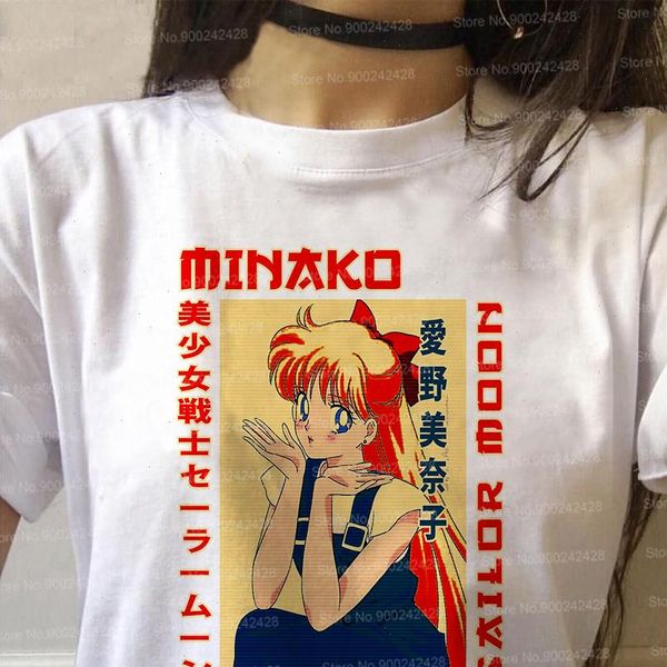 

vogue sailor moon t shirt women harajuku aesthetics japanese language graphic t shirt kawaii anime ulzzang korean style tee, White