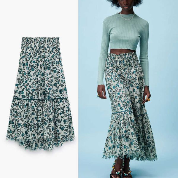 

za floral print blue summer skirt women vintage high waist pleated midi skirts woman fashion elastic smocked waist skrit 210602, Black