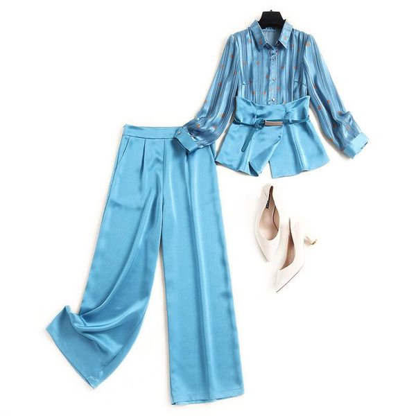 

2 piece set women elegant polka dot suit lapel chiffon shirt straight pants two piece set with belt 2021 f896, White