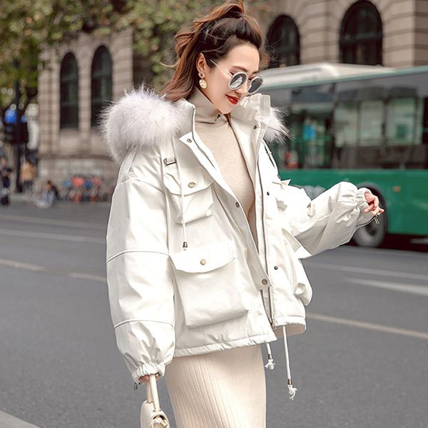 

2021 large natural fur hooded new winter jacket women 90% white duck down coats thicken warm female parkas loose snow coat 02wk, Black