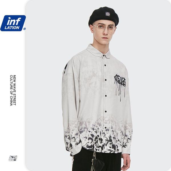

men's casual shirts inflation men oversized shirt 2021 printed long sleeve couple high street graffiti hip hop streetwear 2131w, White;black