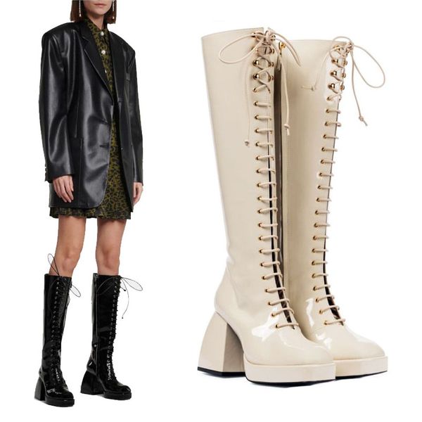 

2021 lady women sheepskin leather 9cm chuckly high heels knight boots square toe long knee short plush catwalk lace-up patent shoes martin z, Black