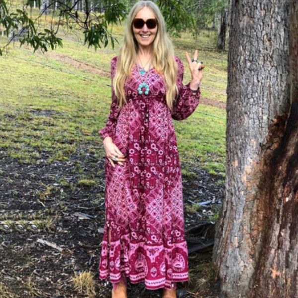 

2021 new long sleeve maxi women rayon floral print gypsy v-neck side slit dresses autumn dress vestidos dtei, White