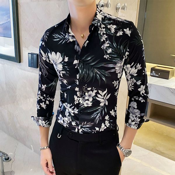 

2021 autumn floral shirts for men with long sleeves fitting shirt dressed chemise homme streetwear social party men's blouse 1esf, White;black