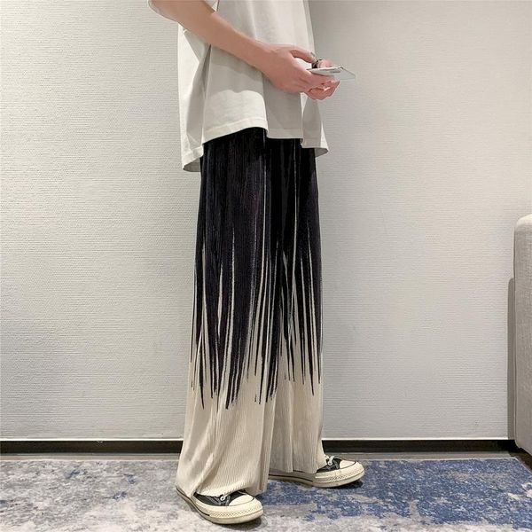

men's pants summer thin pleated fashion tie-dye casual men streetear loose hip-hop wide-leg mens ice silk trousers, Black