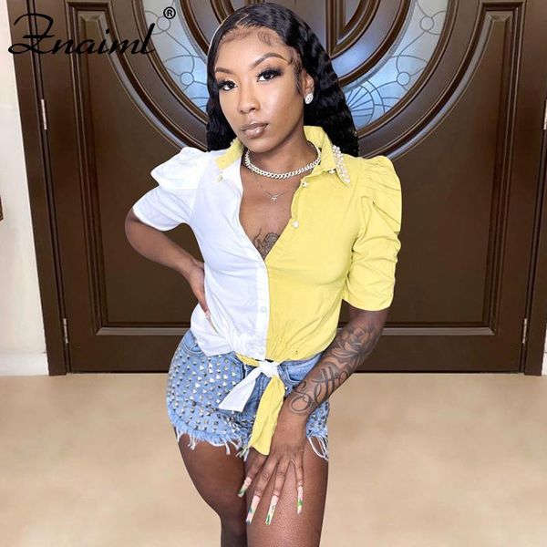 

women's blouses & shirts znaiml 2021 patchwork bandage women shirt long puff sleeve blouse turn-down collar button pearl design casual, White