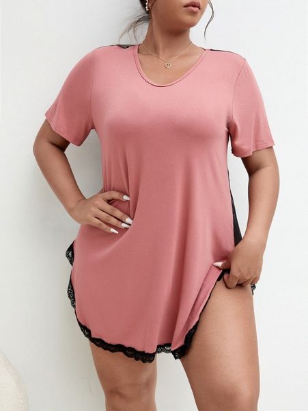 

plus contrast dobby mesh lace trim night dress f1ze#, Black;white