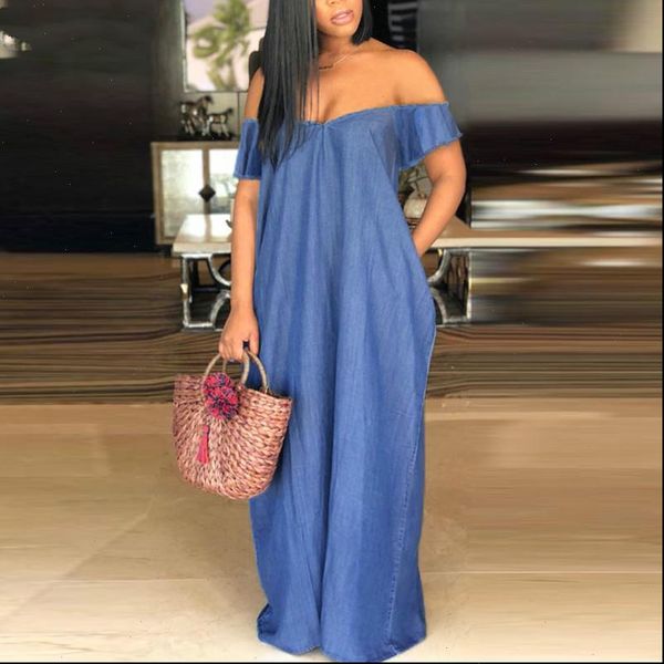 

maxi long dress 2021 summer women v neck short sleeve demin dress vintage off shoulder vestidos plus size, Black;gray