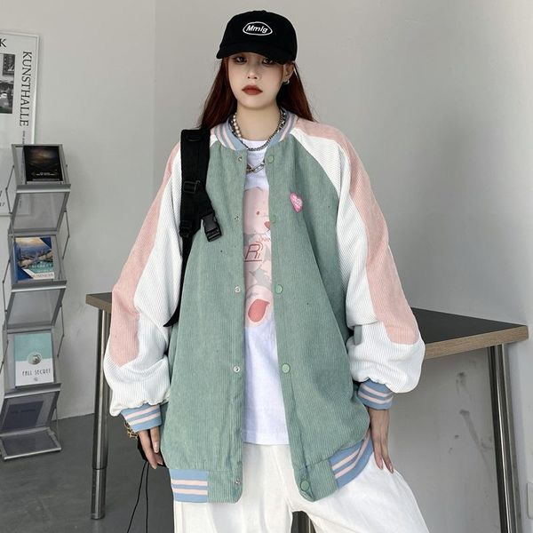 

women's wool & blends corduroy jacket 2021 bf style contrast color stitched baseball loose large hip hop fashion, Black