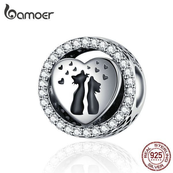 

bamoer 2019 vintage 925 sterling silver cat couples love heart charm fit for original silver women bracelet & bangle scc1188 q0531, Black