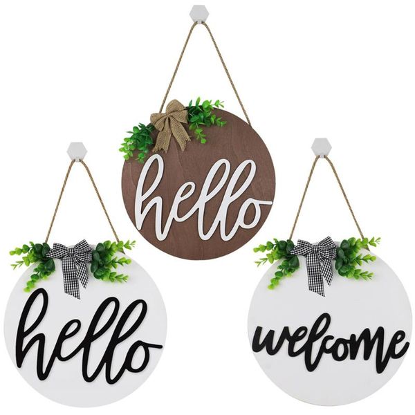 

party decoration hello welcome sign rustic front door decorative round wood farmhouse porch home, antique