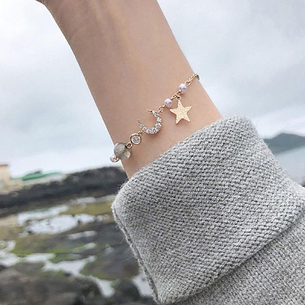 

link, chain starmoon beaded bracelet sister gold elegant women trendy moon star romantic female birthday gift, Black