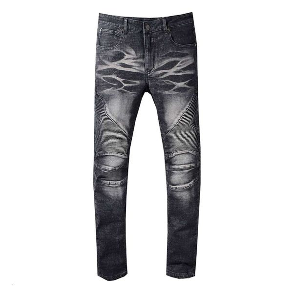 

mens distressed skinny biker jeans fashion designer washed pleated panelled zipper slim fit motorcycle hip hop denim pants 1082, Blue