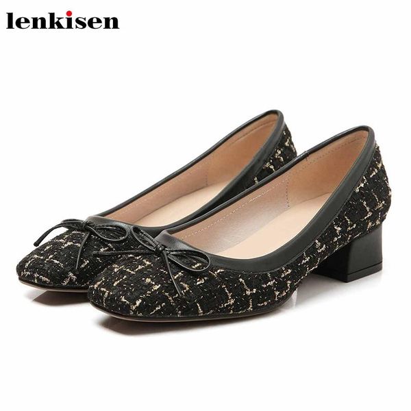 

dress shoes lenkisen sweet princess style bowtie gingham ladies round toe med heels slip on loafers women spring fashion pumps l36, Black
