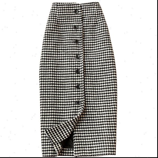 

fashion woolen high waist houndstooth women skirt single breasted wool pencil winter work ol, Black