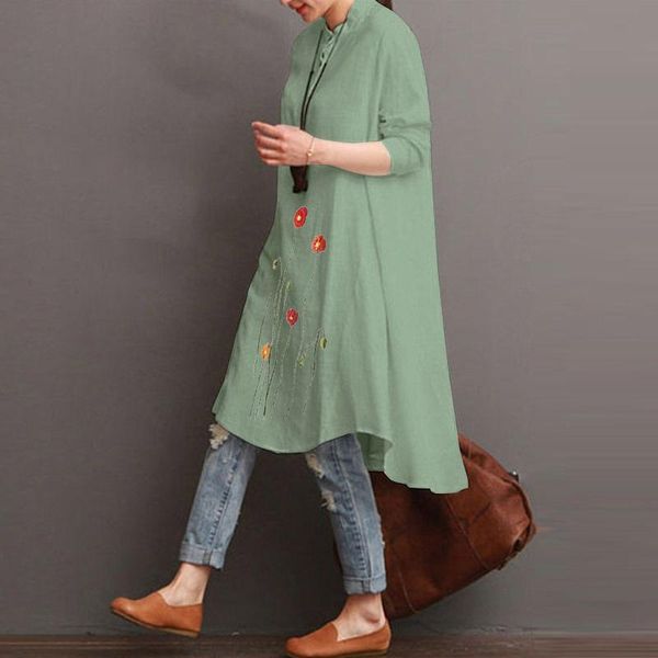 

women's printed blouse zanzea 2021 stylish asymmetrical long casual floral shirts female button autumn tunic plus size 5xl, White