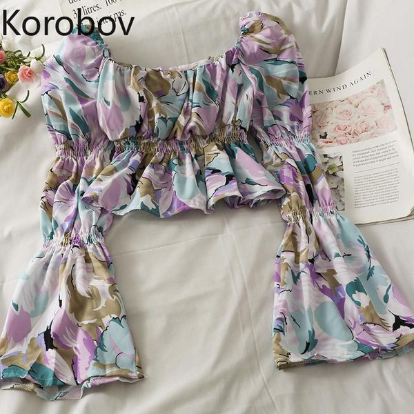 

women's blouses & shirts korobov vintage print women korean square collar puff long sleeve sweet blusas mujer 2021 fashion crop, White