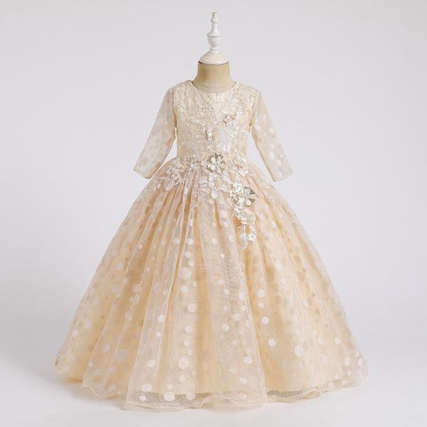 

2020 new princess lace dress kids long-sleeved polka dot flower embroidery dress for girls pageant formal ball gown costume, White;blue
