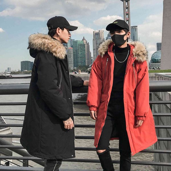

cotton padded men's medium length down jacket 2020 new winter down thickened cotton padded jacket men's big wool collar coat, Black