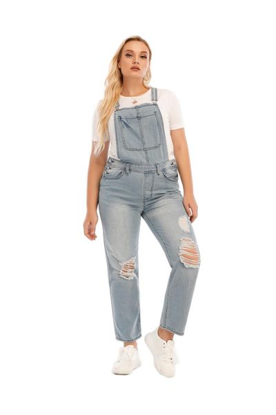 

women's jeans fashion solid color suspender summer holes loose wide-leg jumpsuit denim overalls, Blue