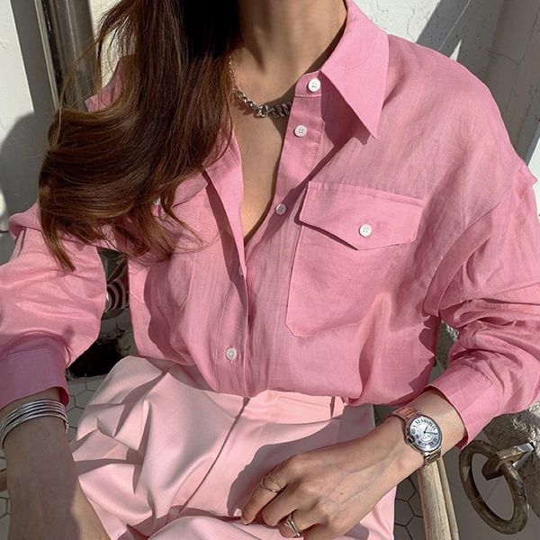 

women's polos korean chic summer niche temperament collar single-breasted double pocket loose long-sleeved shirt women, White
