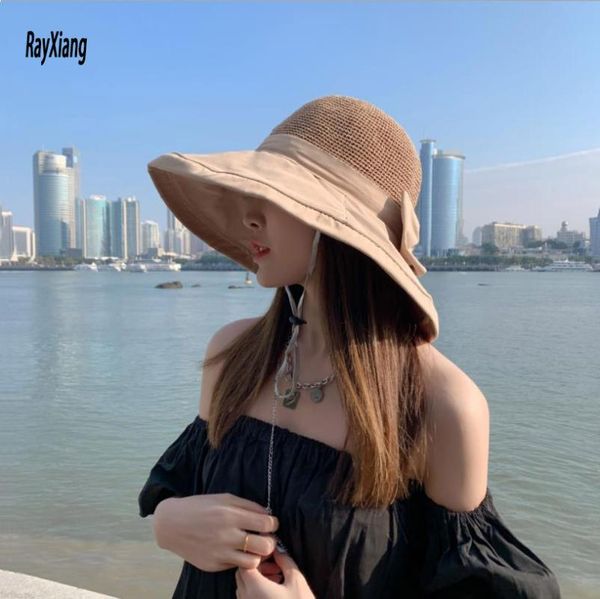 

sunhat woman mesh fisherman hat beach bowknot summer breathable large brim straw cotton, Blue;gray