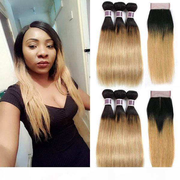 

ombre honey blonde straight human hair bundles with closure dark roots blonde hair 1b 27 peruvian wholesale virgin remy hair weaving 10&quot, Black;brown