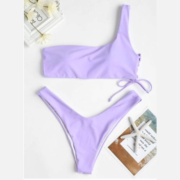 Roxo um ombro lace up biquíni conjuntos mulheres swimsuits sólidos bikinis mujer push up cordão de banho de maiô laço 210305