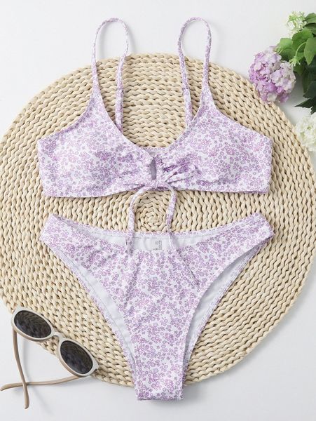 

calico print tie front bikini swimsuit 49pl#, White;black