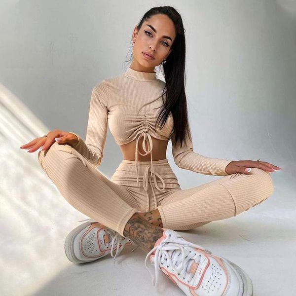 

women's two piece pants fashion skinny knitted suit woman crop + set sportswear autumn solid long sleeve yoga tracksuit clothing 2021, White